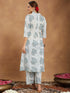 Janasya Women's White Pure Cotton Floral Printed A-line Shirt Style Kurta With Pant Set